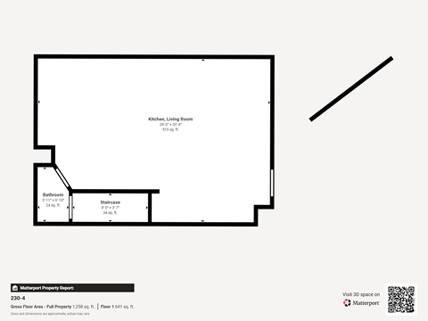 A floor plan of a property with a kitchen, living room, bathroom and staircase.